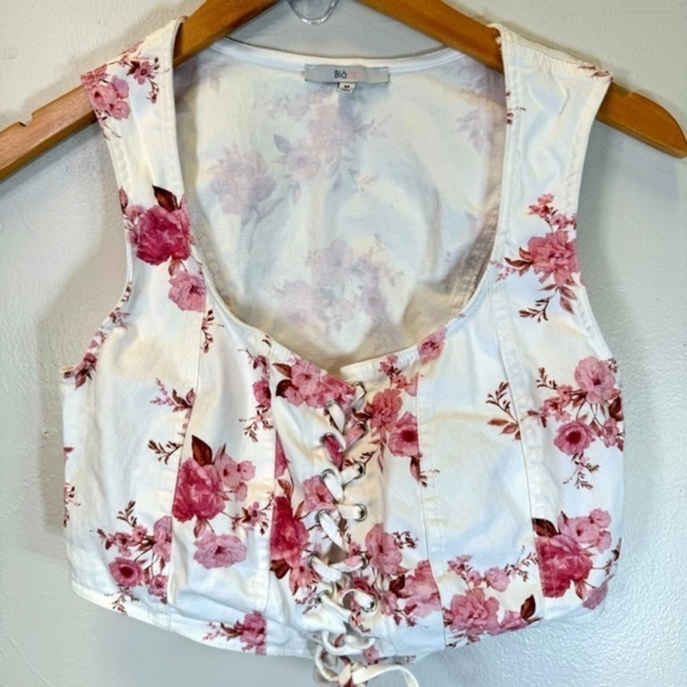 BLASHE crop top lace up rose white pink floral halter medium coquette girl